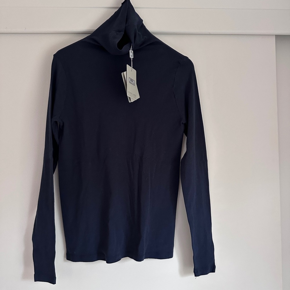 NWT Kristensen Du Nord Navy Blue Garment Dyed Turtleneck Exposed Back Seam Top